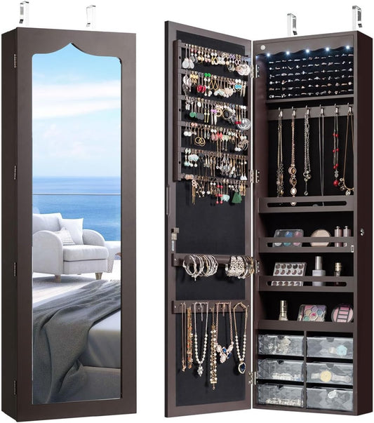 Jewelry Cabinet Armoire, Wall Mount Door Hanging, Lockable Jewelry Organizer with 47.5'' Full Length Mirror, 5 Lights, Large Jewelry Storage Box with 6 Acrylic Drawers (Brown)